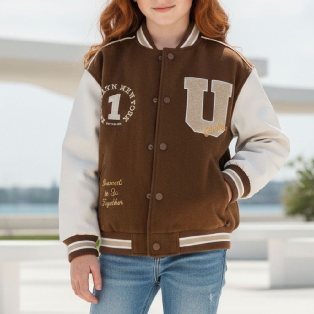 Zara Girls Jacket NY Letterman Jacket Brown/Cream Size 8 Varsity Style Coat